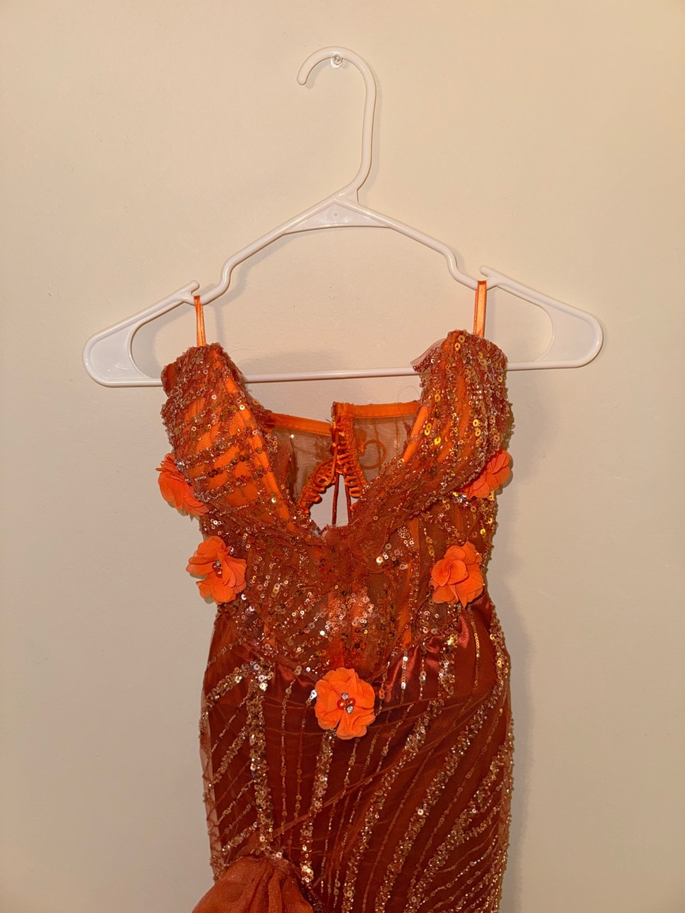 Rust Ruffle-Seam Sequined Prom Gown - Picture 6 of 11
